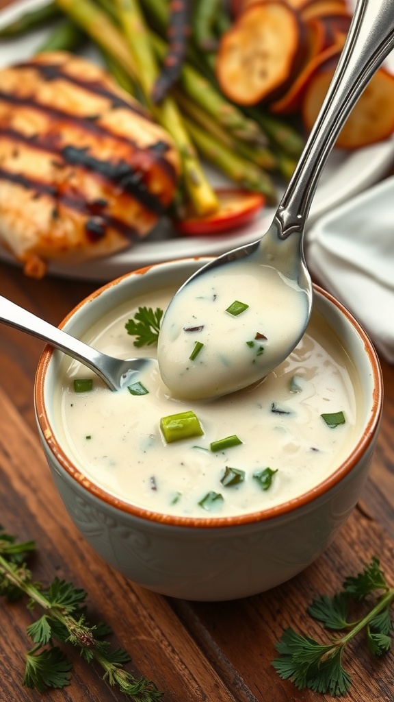 Creamy garlic asparagus sauce in a bowl, garnished with parsley, beside grilled chicken and roasted vegetables.
